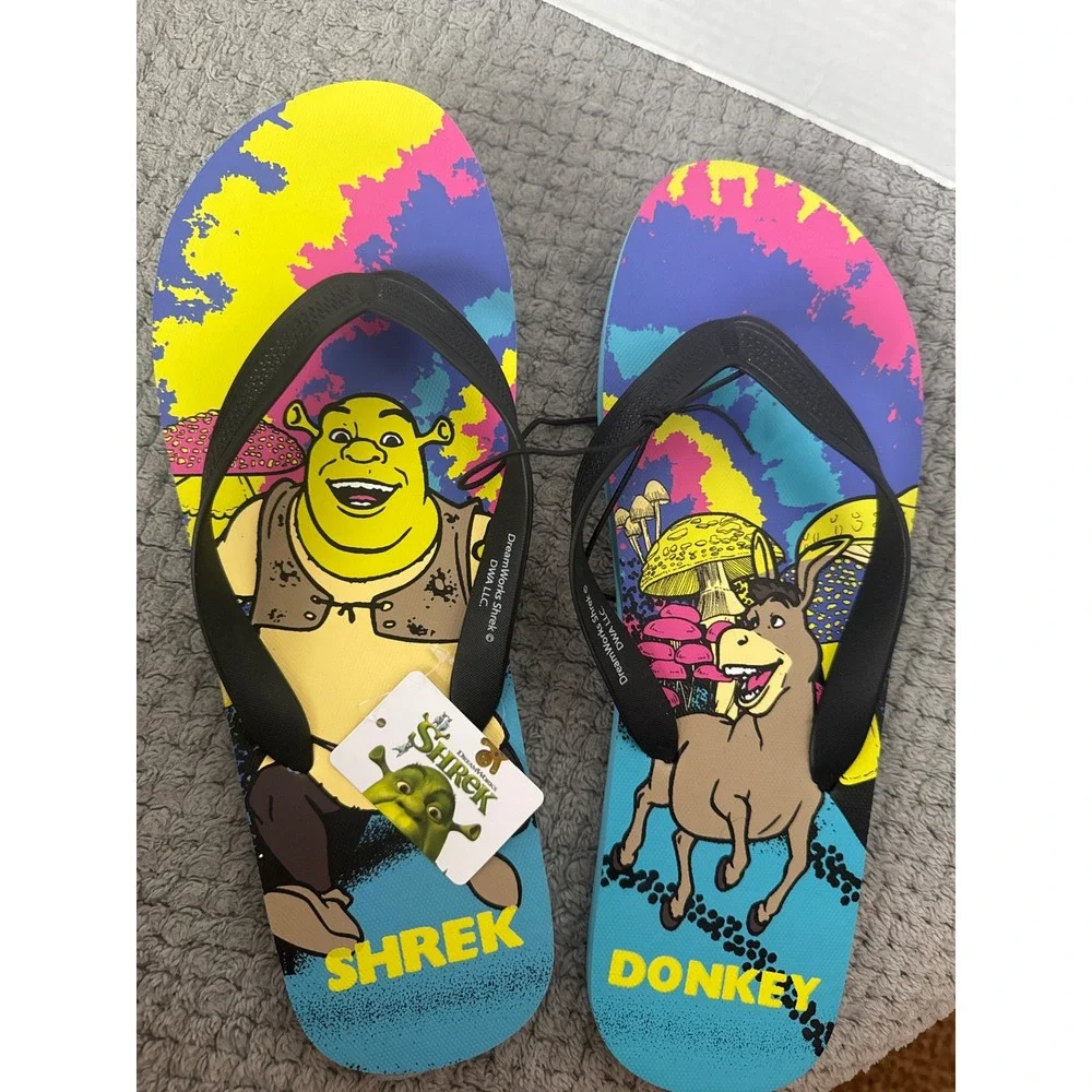 Bioworld DreamWorks Shrek and Donkey Mens Flip Flop Sandals Multi Color New